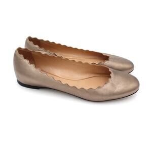 Chloe Ballet Flats 38 Womens 7.5 Leather Gold Scalloped Quiet Luxury Designer